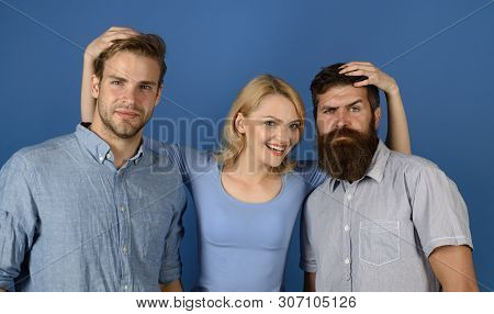 Friendly Relations. Girl And Guys Happy Together. Woman Hugs Two Men. More Than Friends. True Friend