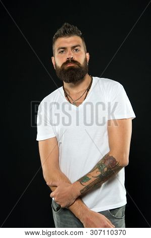 Brutal And Masculine. Brutal Caucasian Man With Long Beard On Black Background. Brutal Hipster With 