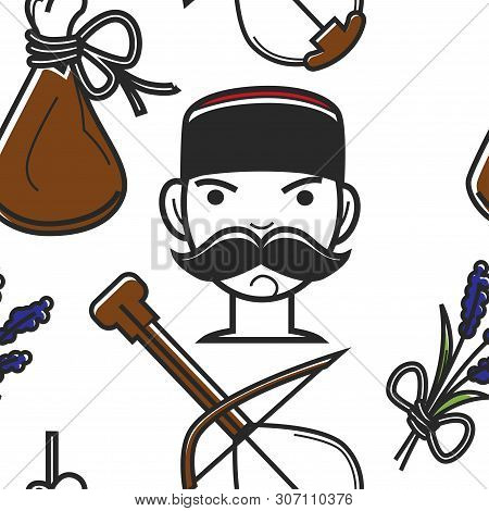 Montenegrin Man With Mustache And National Symbols Seamless Pattern