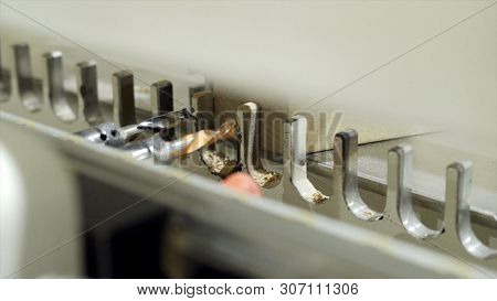 Close-up Of Machine With Drills For Drilling Wooden Boards. Action. Modern Automated Machine For Dri