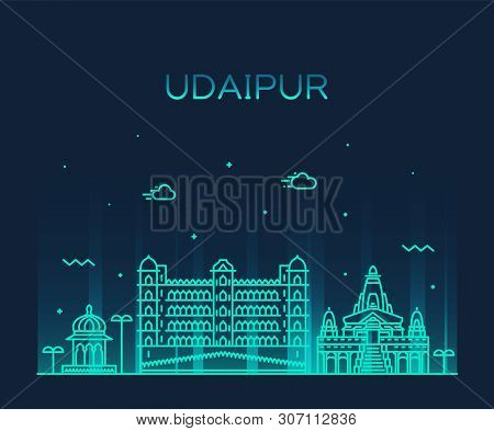 Udaipur Skyline Rajasthan India Vector Line Style