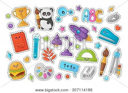 Set Of Stickers With Kawaii School Supplies, Back To School Or Learning Concept, Cute Cartoon Charac