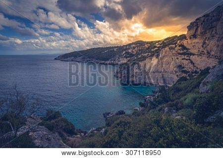 View Of The Cliffs Near Skinari Cape In Summer On Zante Island, Greece
