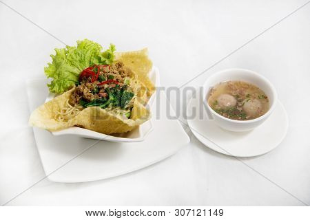 Cwie Mie Or Cui Mie, Asian Noodles With Chicken, Vegetable, And Meatballs In A Bowl
