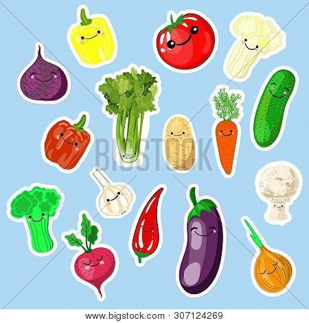 A Set Of Kawaii Stickers Or Patches With - Vegetables - Tomatoes, Cucumbers, Radishes, Onions, Pollo