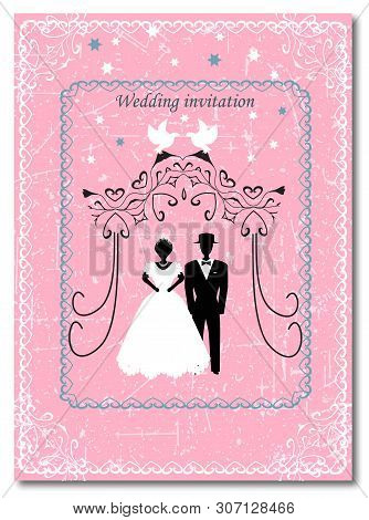 Invitation To The Huppah. Pink Invitation To A Jewish Wedding. Bride And Groom