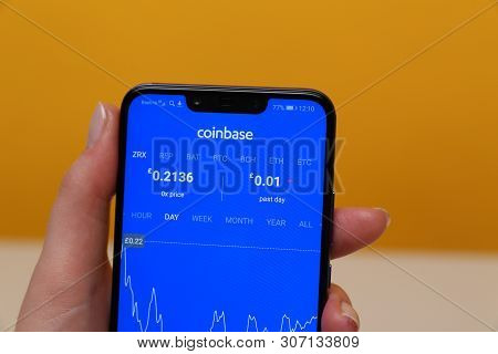 Tula, Russia - May 12 , 2019: Coinbase On Phone Display.