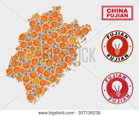 Illumination Bulb Mosaic Fujian Province Map And Grunge Round Stamp Seals. Mosaic Vector Fujian Prov
