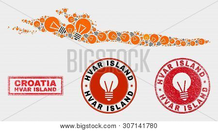 Illumination Bulb Mosaic Hvar Island Map And Rubber Rounded Stamps. Mosaic Vector Hvar Island Map Is