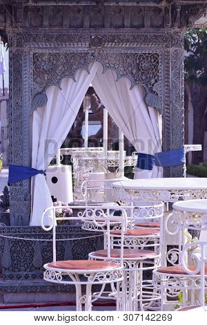 Udaipur, Rajasthan / India - 19th June 2019: Abstract Background Of Decorated Wedding Set Up. Decora