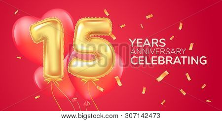 15 Years Anniversary Vector Logo, Icon. Template Banner With Heart Air Hot Balloon