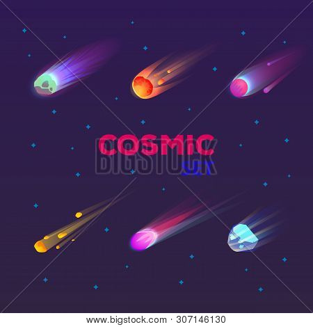 Set Of Isolated Falling Comet Or Burning Star, Flame Asteroid Or Meteor Burst With Tail, Trail, Mete