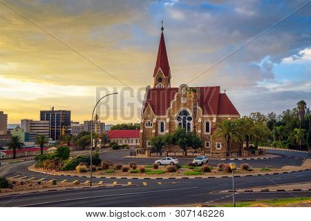 Dramatic Sunset Above Christchurch, A Historic Landmark And Lutheran Church In Windhoek, Capital Cit