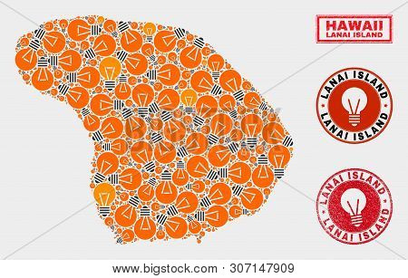 Illumination Bulb Mosaic Lanai Island Map And Rubber Round Stamp Seals. Mosaic Vector Lanai Island M