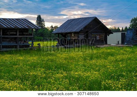 landscape with the image of russian north village Ferapontovo in Vologda region