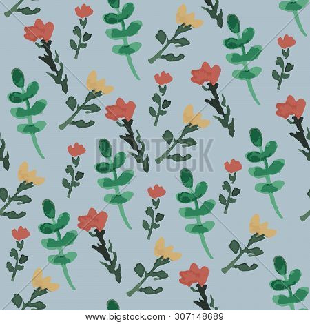 Vector Pattern Of Watercolor Flowers And Green Leaves On Light Blue Background