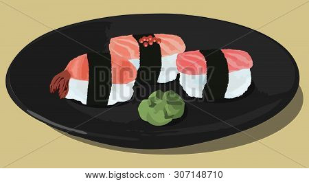 Vector Illustration Of Sushi With With Tuna, Salmon, Shrimp And Wasabi On Dark Plate