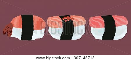 Vector Illustration Of Sushi With With Tuna, Salmon, Shrimp