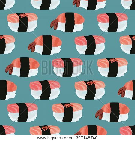 Vector Seamless Pattern Of Sushi With With Tuna, Salmon, Shrimp