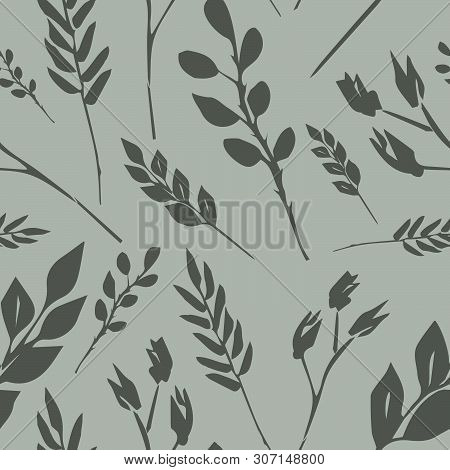 Vector Seamless Pattern Of Different Yellow Sprigs In Gray-green Tones