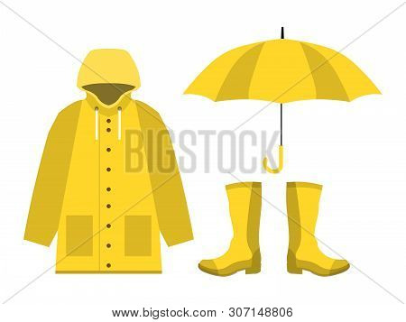 Raincoat, Rubber Boots, Open Umbrella, Set Of Rainy Season In Flat On White Background Design Vector