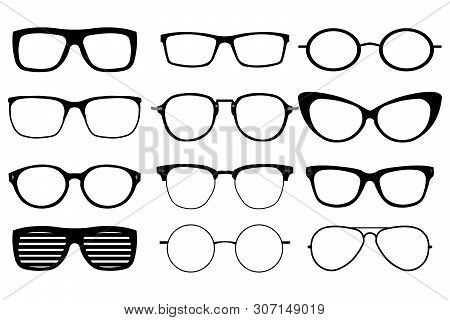 A Set Of Glasses Isolated. Vector Glasses Model Icons. Sunglasses, Glasses, Isolated On White Backgr