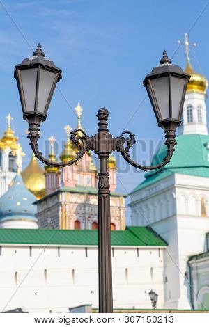 lamp against the background of Trinity-sergiyevsky monastery in Sergiyev Posad, Russia
