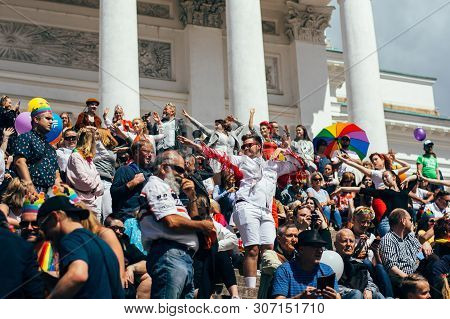 Helsinki, Finland - June 30, 2018: Dance Flashmob On Stairs Of Cathedral On Helsinki Pride Festival 