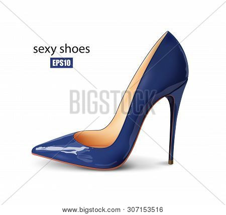 Beautiful Female Blue Pump On A White Background, Sexy Shoes, Classic. High-heeled Shoes, Patent Lea