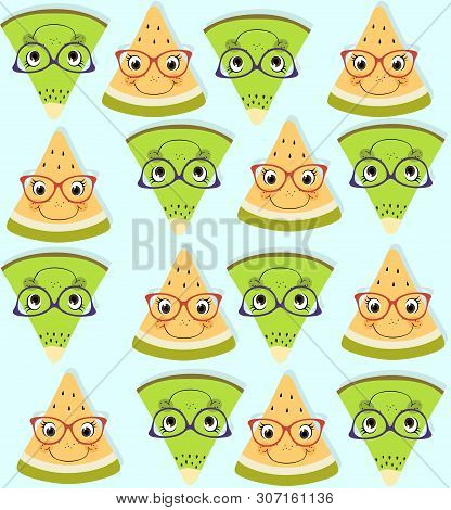 Seamless Pattern With Fresh Yellow Melon And Green Kiwi Over Blue Background. Summer Fruit Backgroun