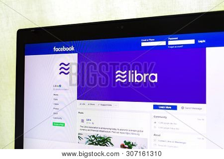 Prague, Czech Republic - June 19 2019: Facebook Page Of Cryptocurrency Libra On Notebook Screen On J