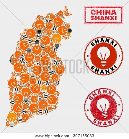 Power Lamp Mosaic Shanxi Province Map And Rubber Rounded Stamps. Mosaic Vector Shanxi Province Map I