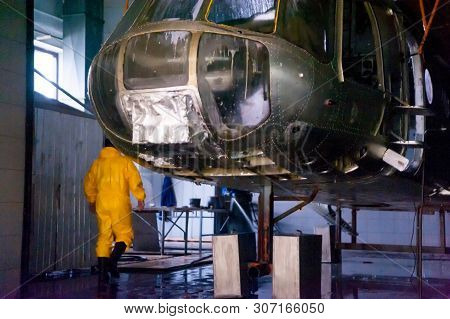 Tyumen, Russia - June 5, 2019: Aircraft Repair Helicopter Utair Engineering Plant. Mi-8 Helicopter D