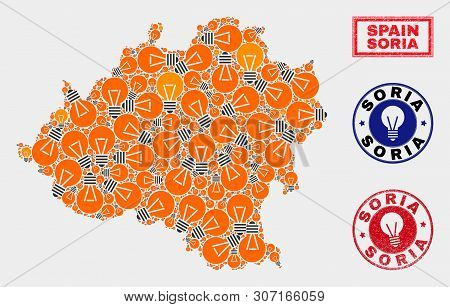Energy Bulb Mosaic Soria Province Map And Rubber Rounded Watermarks. Mosaic Vector Soria Province Ma