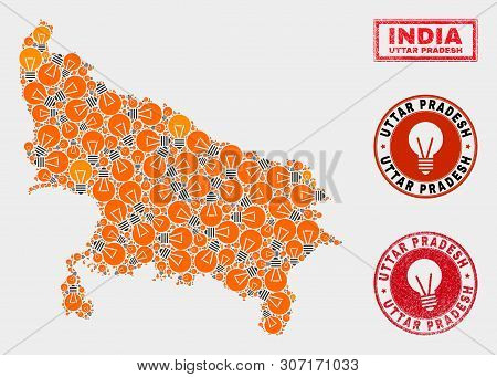 Power Bulb Mosaic Uttar Pradesh State Map And Rubber Rounded Seals. Mosaic Vector Uttar Pradesh Stat
