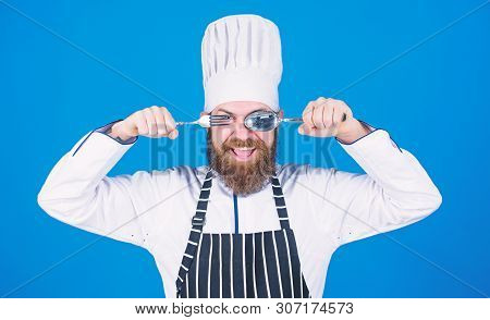 Lets Try Dish. Hungry Chef Ready To Try Food. Time To Try Taste. Chef Happy Smiling Face Hold Spoon 