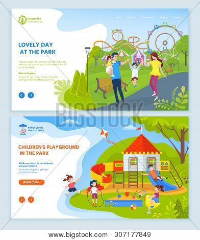 Childrens Playground At Park Vector, Kids Playing In Wooden Castle Flying Paper Kite At Sky. Family 