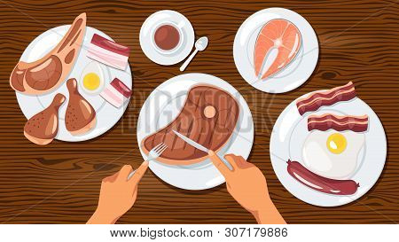 Person Eating Meat Dishes Flat Vector Illustration. Carnivore, Zero Carb Diet. Weight Loss Meal, Hea
