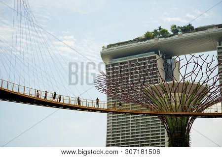 Singapore City, Singapore - April 12, 2019: Touristic Ocbc Skyway In The Supertree Grove At The Gard
