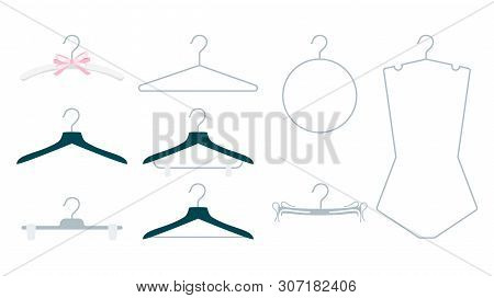 Empty Hangers Vector Illustrations Set. Equipment For Clothes Organization Isolated Cliparts Pack. B