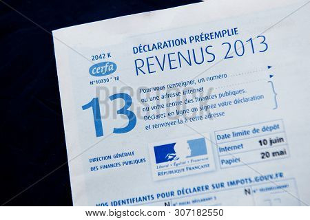 Paris, France - May 15, 2014: French Declaration Preremplie Revenus 2013 Income Tax Paper Form Issue
