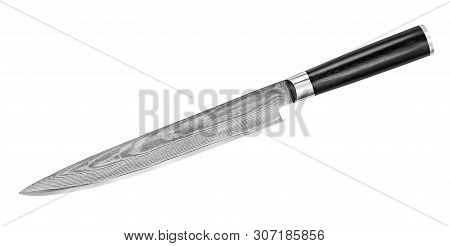 Japanese Damascus Steel Knife For Thin Slicing Fish Seafood And Sushi. Kitchen Knife Isolated On Whi