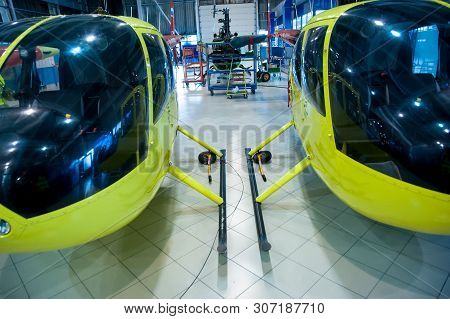 Tyumen, Russia - June 5, 2019: Aircraft Repair Helicopter Utair Engineering Plant. Robinson R44 Heli