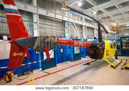 Tyumen, Russia - June 5, 2019: Aircraft Repair Helicopter Utair Engineering Plant. Robinson R44 Heli