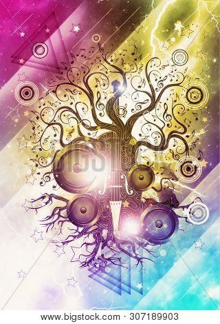 Modern Glowing Music Poster With Violin Tree Design Background.