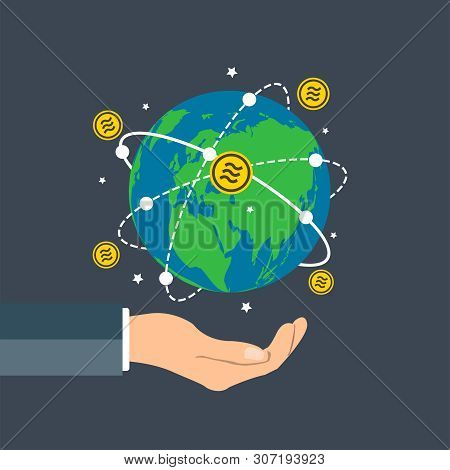 Businessman Holding Earth Globe,libra Coin Concept Growth Chart Hand Holding,bitcoin Spin Around The