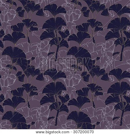 Seamless Pattern, Collage Arrangement Of Hand Drawn Ginko Leaves With Outline, Dark Purple Tone