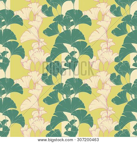 Seamless Pattern, Vertical Arrangement Of Hand Drawn Ginko Leaves With Outline
