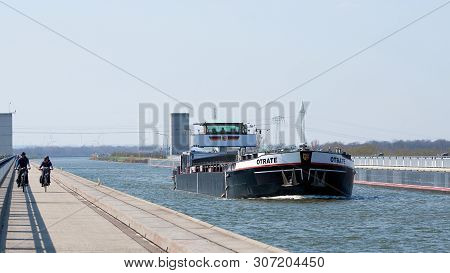 Hohenwarthe, Germany - March 30, 2019: A Cargo Ship On The Trough Bridge Completed In 2003 Over The 