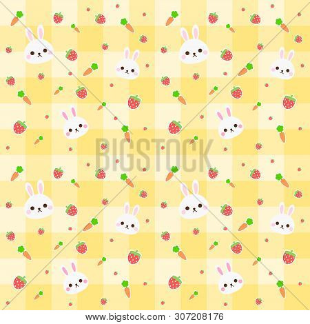 Seamless Pattern Rabbit, Carrot And Strawberry On Yellow Background